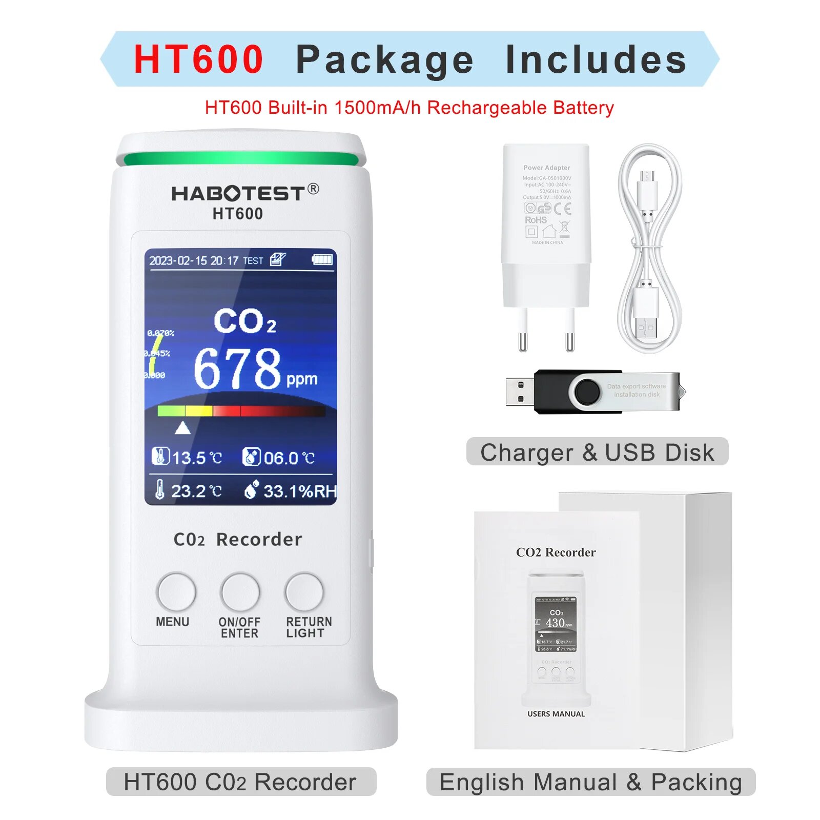 HABOTEST HT600 монитор качества воздуха, детектор CO2, комнатный монитор CO2, тестер для температуры и относительной влажности диоксида углерода, HT600