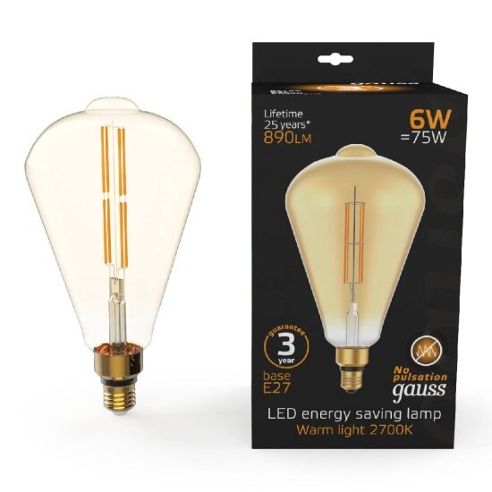 Лампа Gauss Filament ST164 6W 890lm 2700К Е27 golden straight LED 1/6