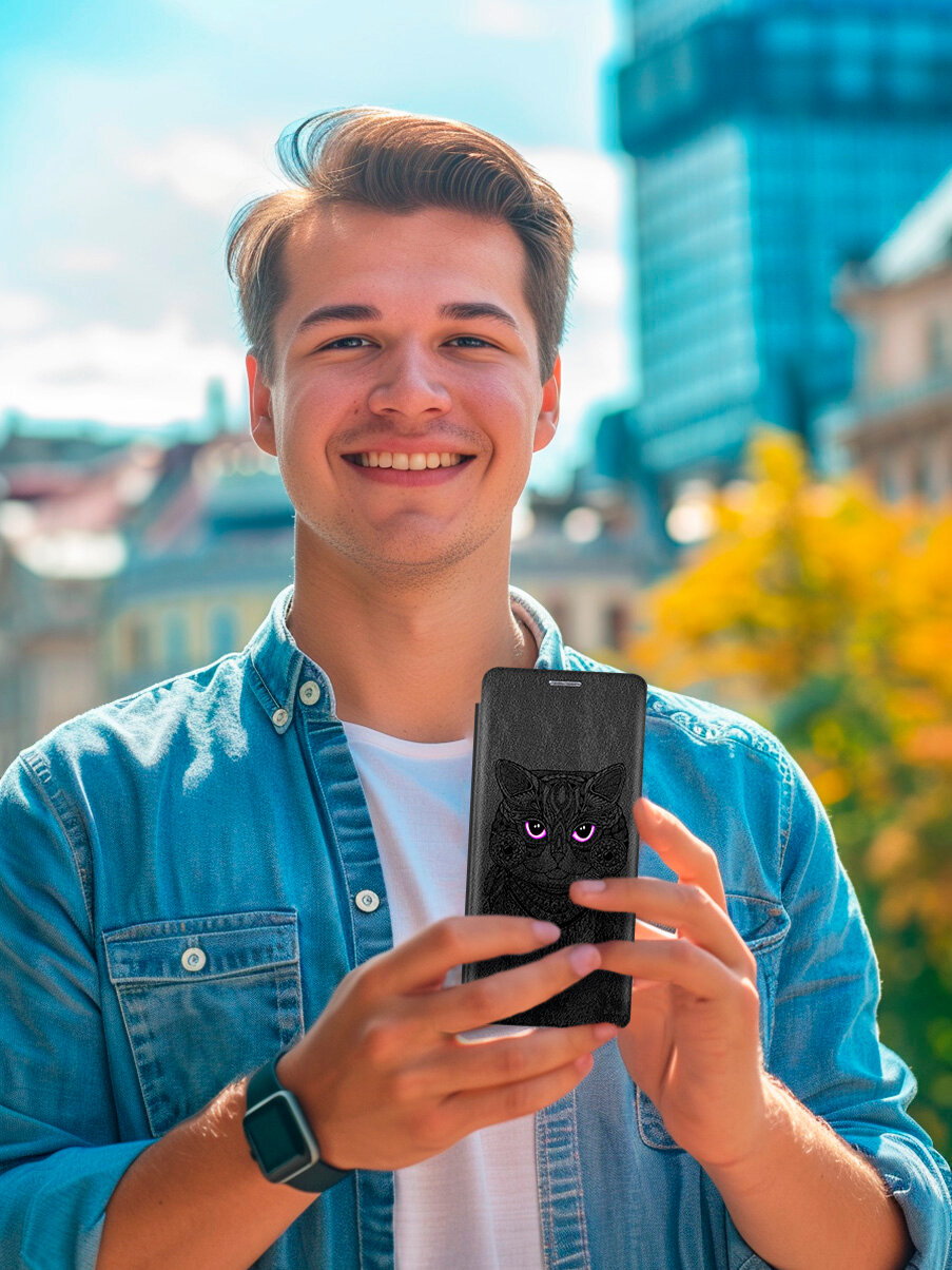 Чехол-книжка на Tecno Spark Go 1 / Pop 9 с принтом "Розовоглазая кошка" черный — фото 1