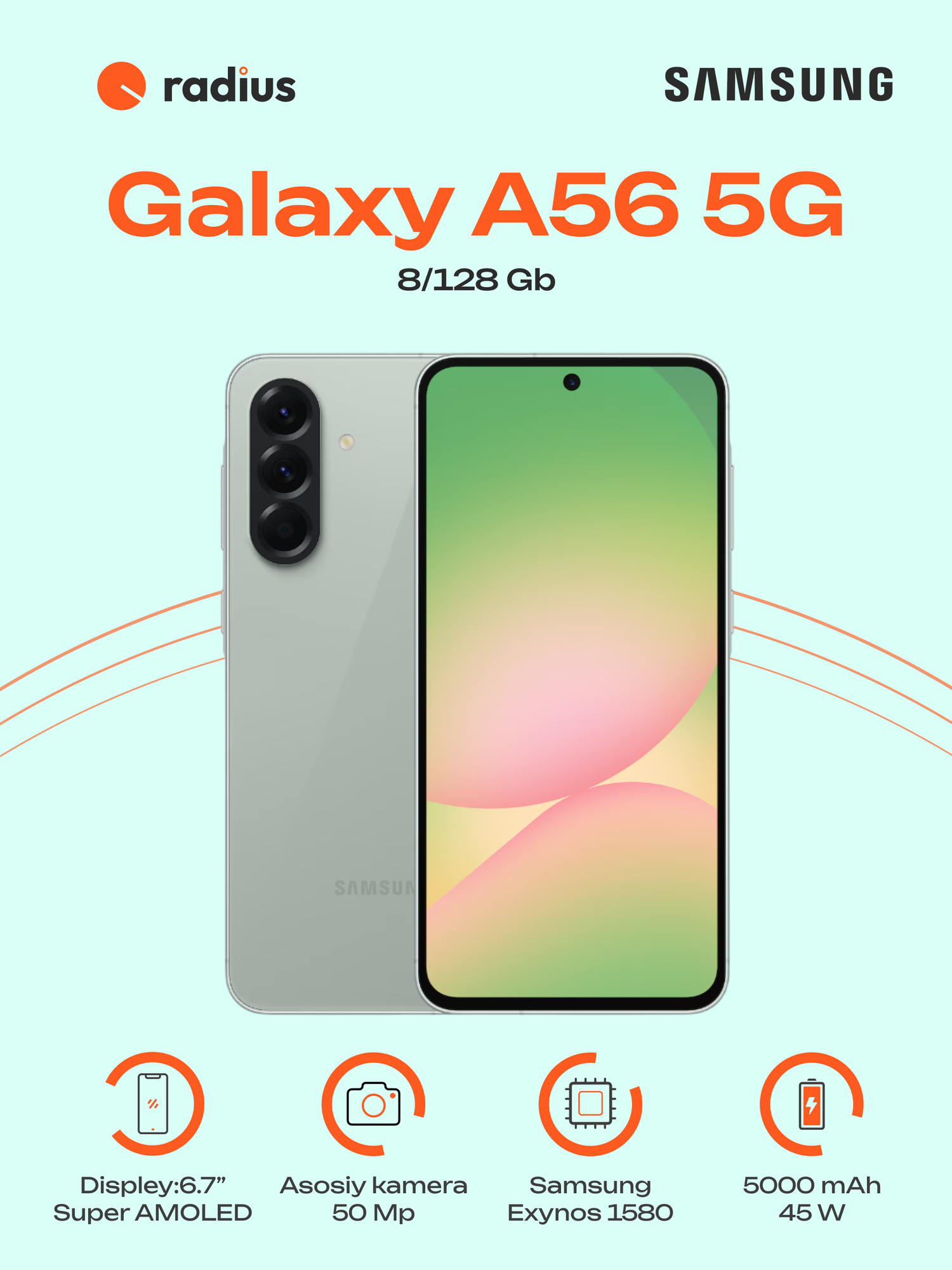 Смартфон Samsung A56, 8/128ГБ, экран 6,7", 50 МП, зеленый, металлический корпус