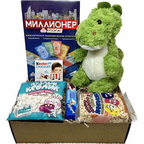 фото Подарочный набор миллионер deluxe, монополия, мягкая игрушка дракон-динозавр, маршмеллоу, воздушный рис, babyfox, kinder шоколад chek for you