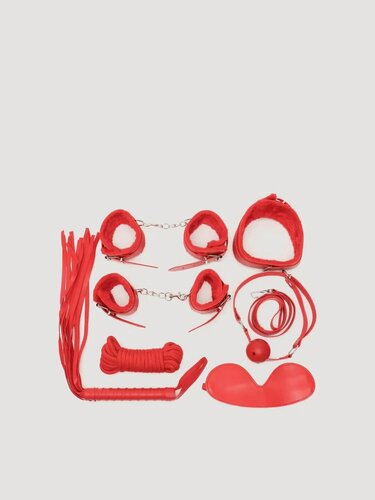 Изображение товара БДСМ-набор красный для связывания с мехом, 7 предметов: плетка, наручники, веревка, кляп в рот