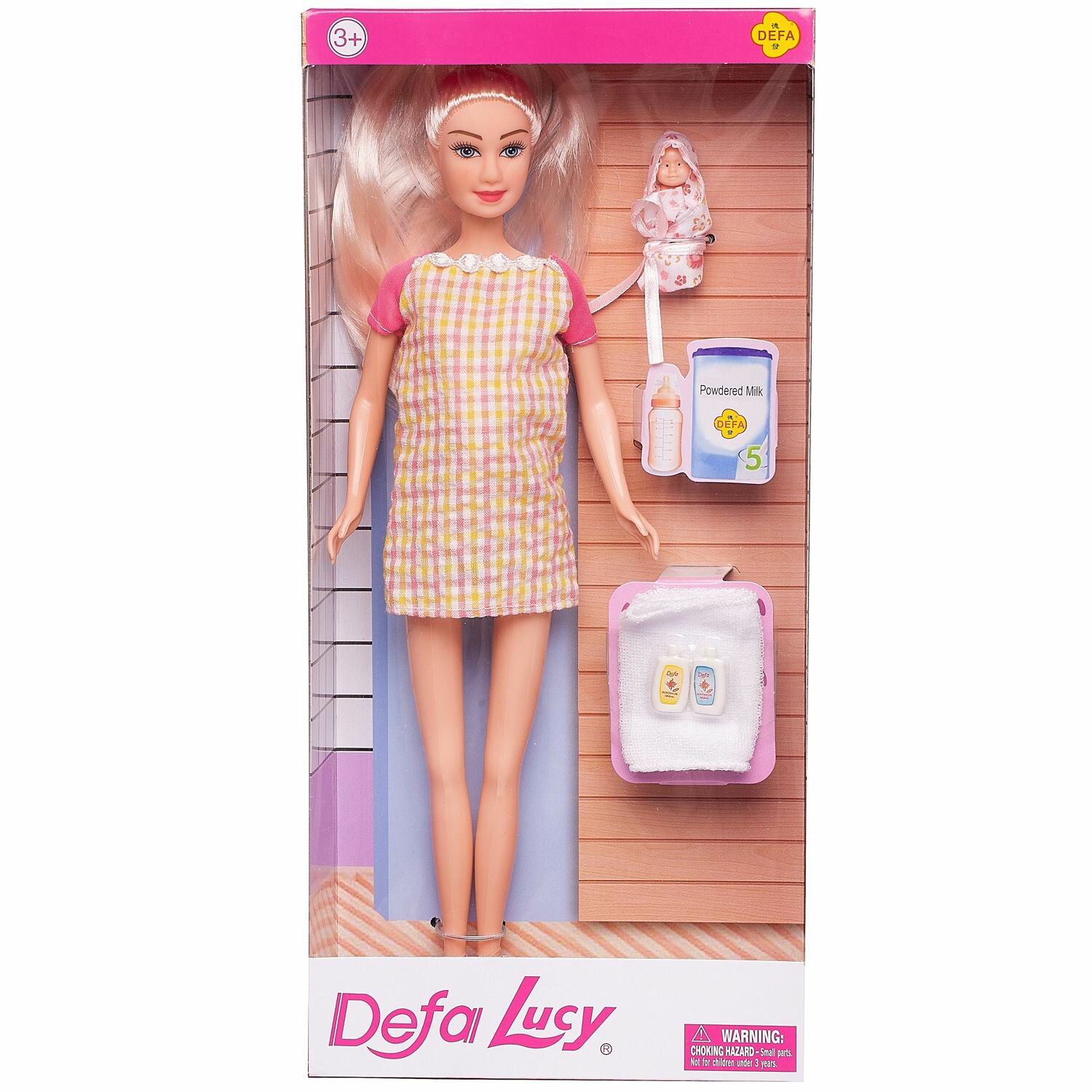 Игровой набор Кукла Defa Lucy Молодая мама в платье в клетку с розовыми рукавами, малыш и игровые предметы, 29 см 8357d/розклетка