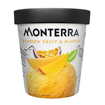 Десерт взбитый замороженный Monterra Sorbet Passion Fruit & Mango с маракуйя и кусочками манго, Россия