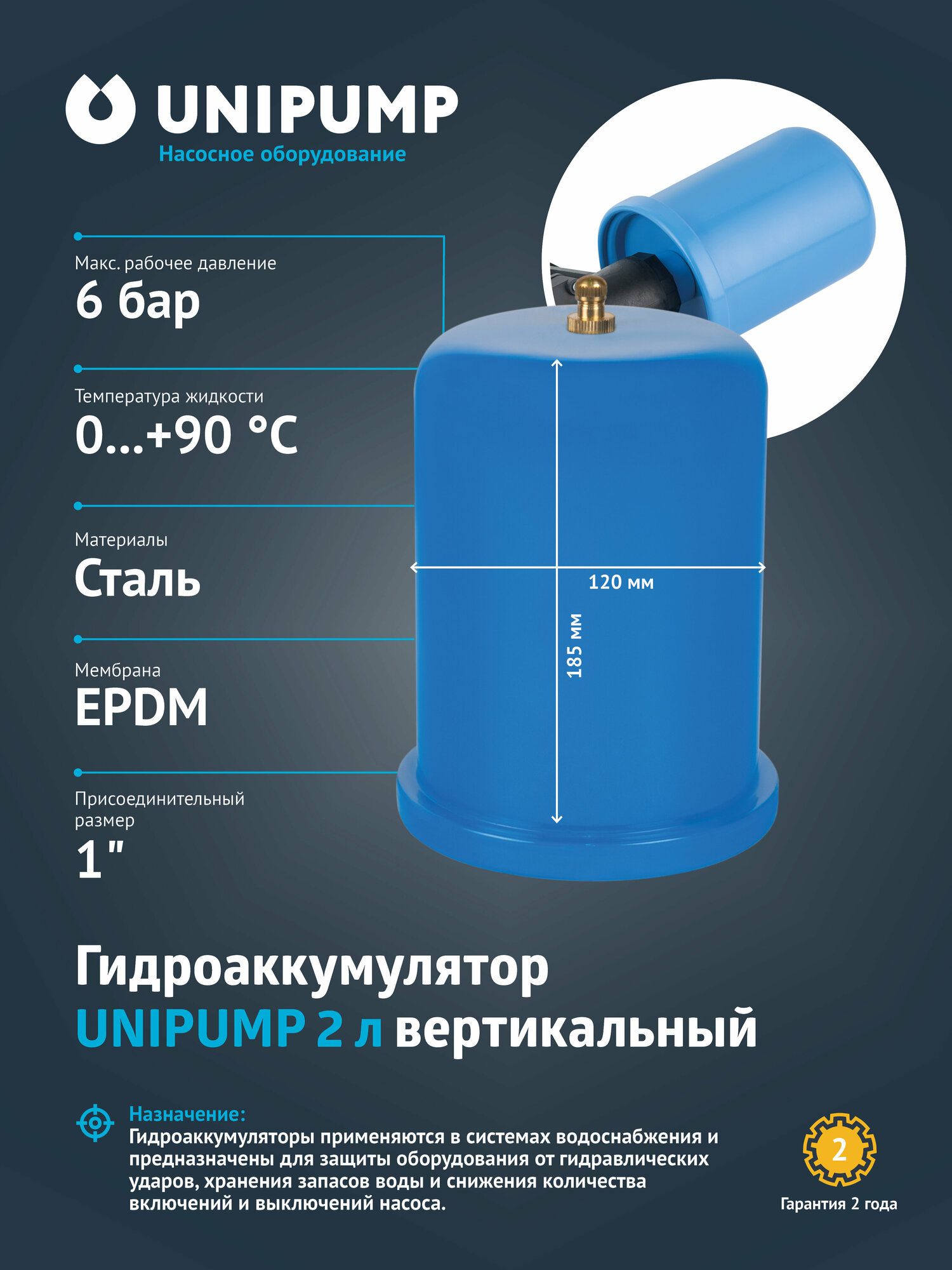 Гидроаккумулятор UNIPUMP 29758 2 л вертикальная установка