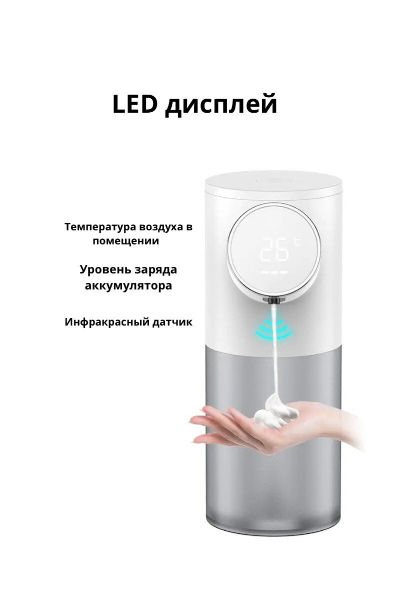 Сенсорный дозатор для жидкого мыла с LED дисплеем 320 мл. Белый /диспенсер для моющего средства на кухню — фото 1