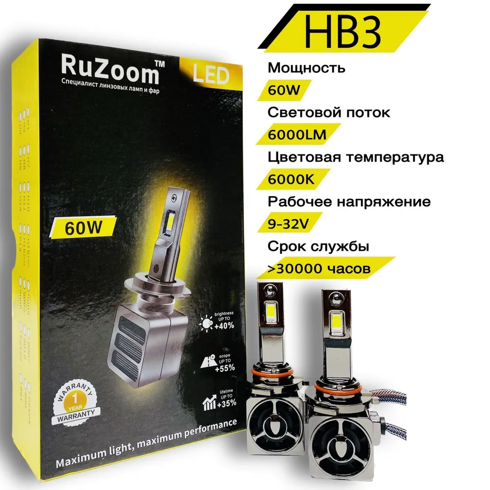 Светодиодные лампы LED 60W RuZoom HB3, комплект 2 шт.