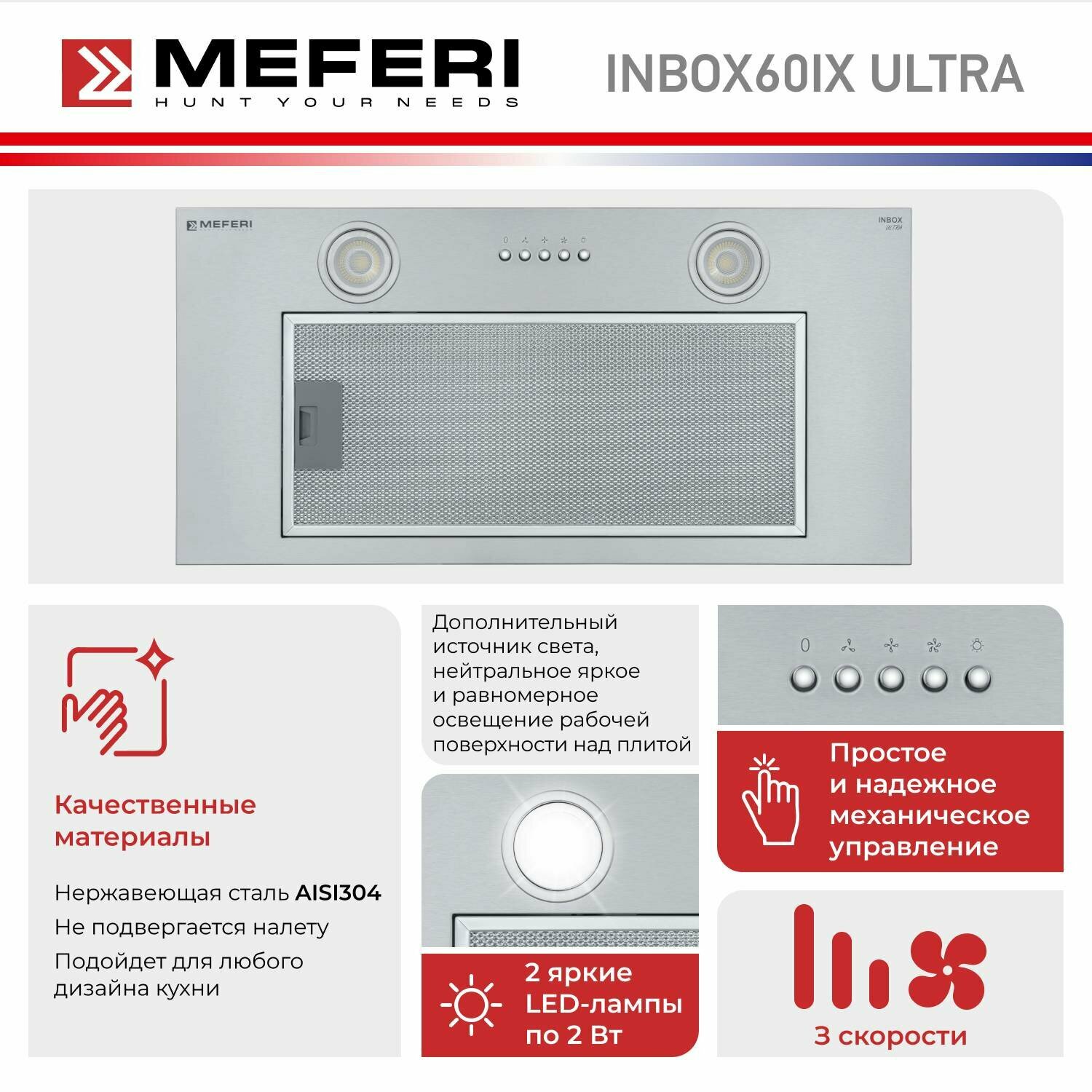 Полновстраиваемая вытяжка MEFERI INBOX60IX ULTRA, серебристый - фотография № 2
