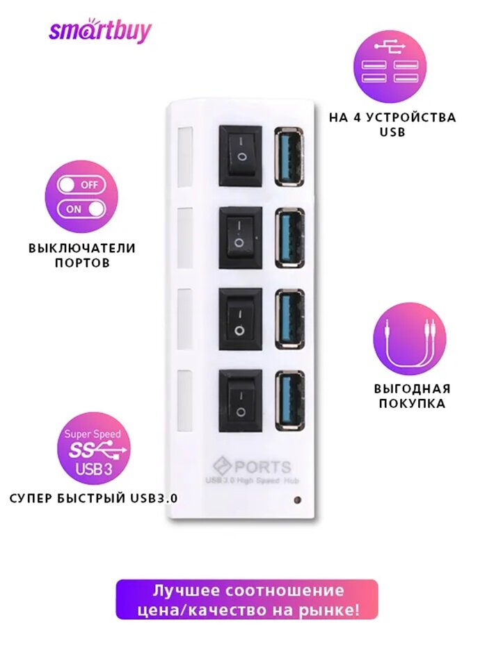 USB HUB, хаб на 4 порта Smartbuy, USB 3.0 (SBHA-7304-W) белый