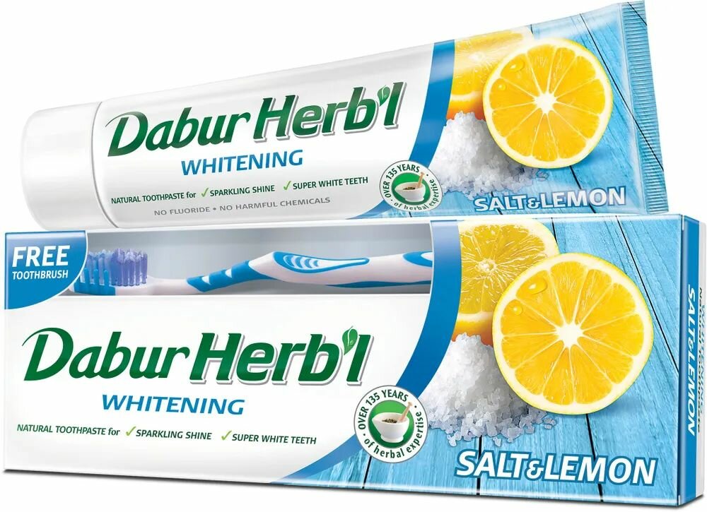 Dabur Herb'l Salt & Lemon Зубная паста отбеливающая с солью и лимоном 150 г + зубная щетка