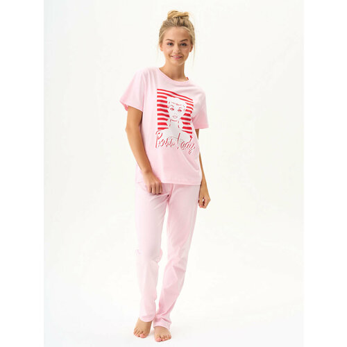 фото Пижама liza volkova, брюки, футболка, короткий рукав, трикотажная, пояс на резинке, стрейч, без карманов, размер 44, розовый