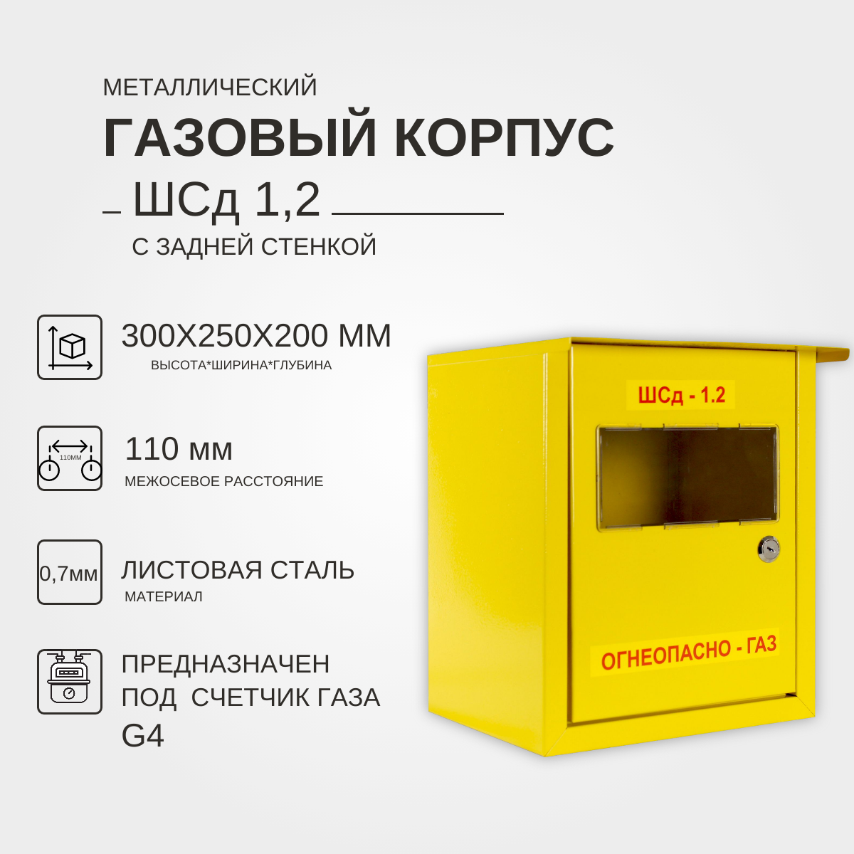 Металлический корпус ШСд-12 с задней стенкой IP31 KRZMI предназначен под газовый счётчик G4. (ВхШхГ: 300х250х200мм)