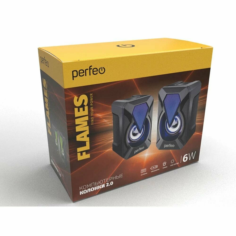 Perfeo колонки "FLAMES" 2.0 мощность 2х3 Вт USB чёрн Game Design LED подсветка 7 цв