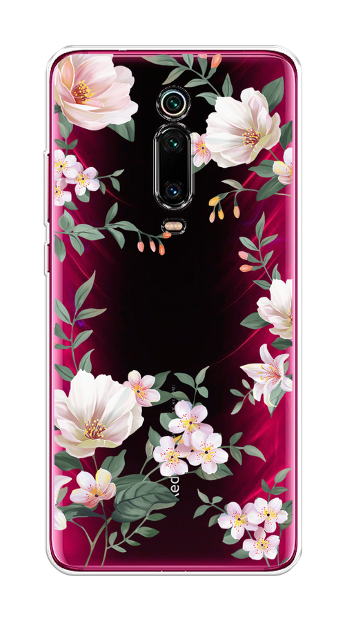 Силиконовый чехол на Xiaomi Mi 9T Pro / Сяоми Ми 9Т Про Beautiful white flowers, прозрачный