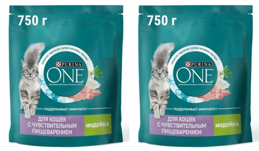 Purina ONE Сухой корм для взрослых кошек с чувствительным пищеварением, с индейкой и рисом, 750 г, 2 уп