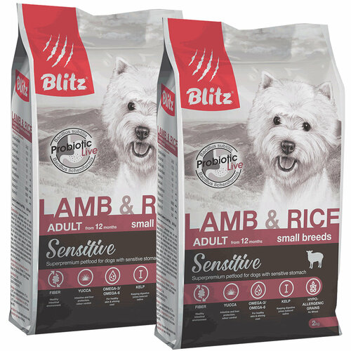 BLITZ SENSITIVE ADULT SMALL BREEDS LAMB & RICE для взрослых собак маленьких пород с ягненком и рисом (2 + 2 кг) blitz sensitive adult all breeds beef