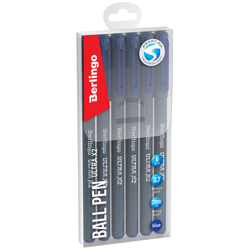 Ручки шариковые синие набор для школы 6 штук/ комплект Berlingo "Ultra X2" /линия письма 0,7 мм, smart ink (легкое, мягкое касание бумаги),/канцелярия для офиса