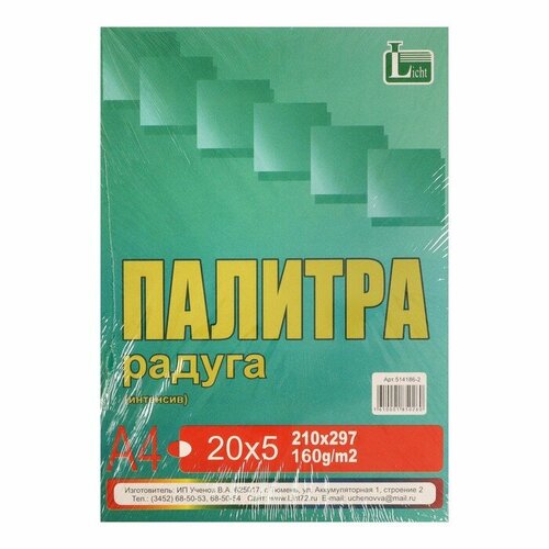 Бумага цветная А4 100л Палитра колор Интенсив 5 цветов 160г/м2 licht бумага цветная а4 100 листов палитра колор интенсив 5 цветов 80 г мx