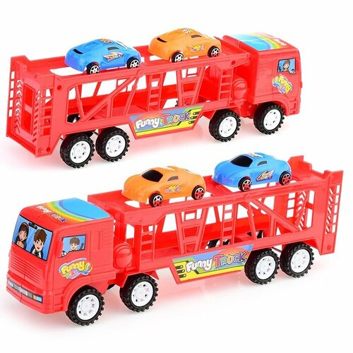 Автовоз Oubaoloon Трейлер Fanny Truck с машинками, красный, пластик, в пакете (069-31) автовоз oubaoloon трейлер fanny truck с машинками красный пластик в пакете 069 31