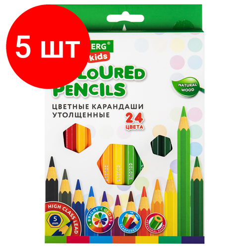 Комплект 5 шт, Карандаши цветные утолщенные BRAUBERG KIDS 24 цвета, грифель 5 мм, 181879