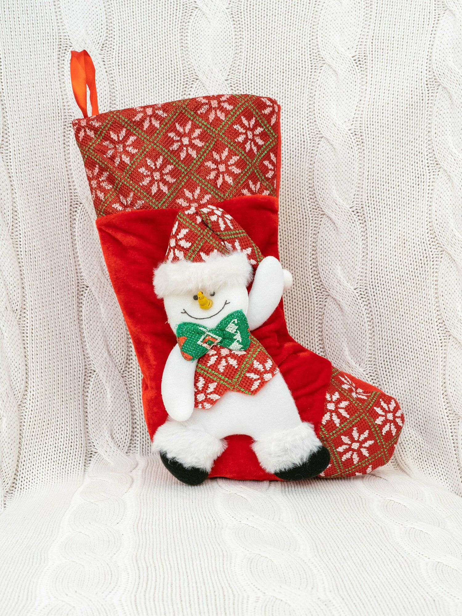 фото Новогодний носок для подарков, носки на камин новогодние, Снеговик велюр 2807-2804