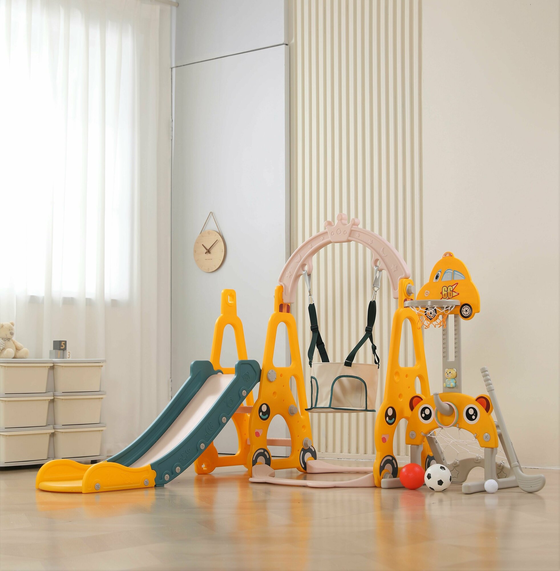 фото Горка с качелями и баскетбольной стойкой UNIX Kids Funny Car (160 cm) Yellow