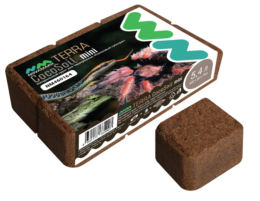 NovaMark Terra CocoSoil mini Натуральный грунт для террариумов Кокосовый субстрат, 6х75г 5,4л