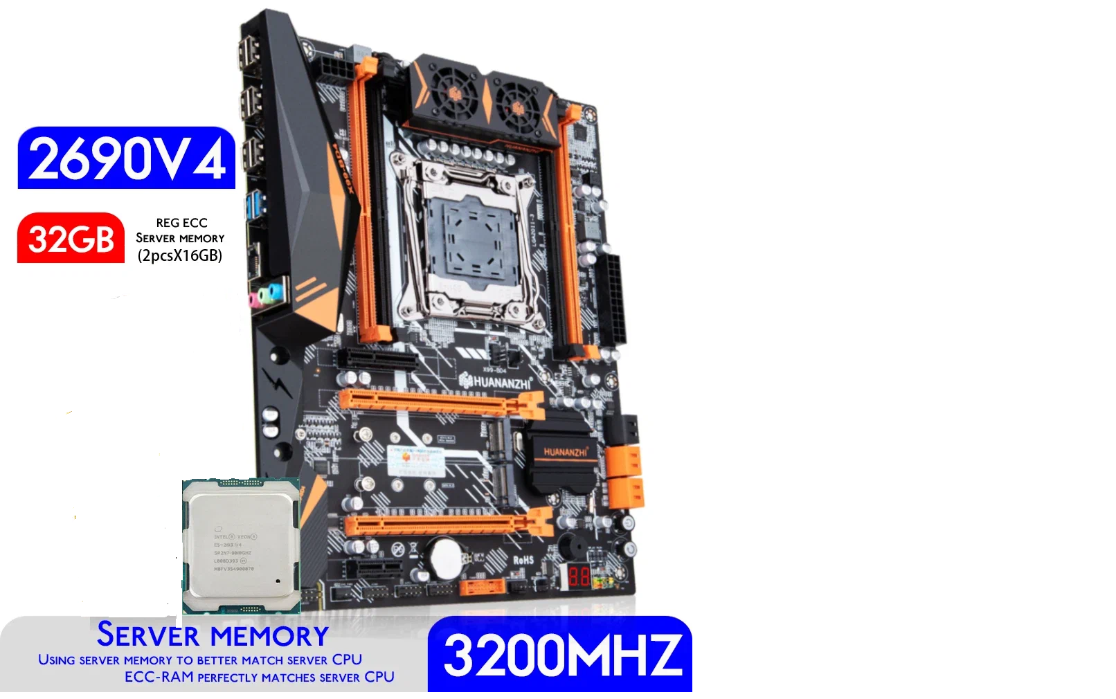 Комплект материнской платы X99: Huananzhi BD4+Xeon E5-2690v.4+DDR4 32Гб 4x8GB 3200mgz