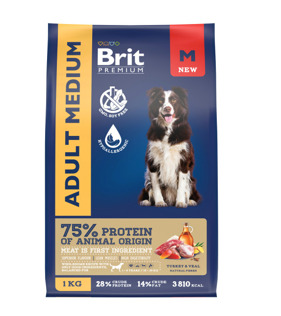 Корм сухой BRIT Premium Dog Adult Medium для взрослых собак средних пород 10–25 кг, с индейкой и телятиной 1 кг