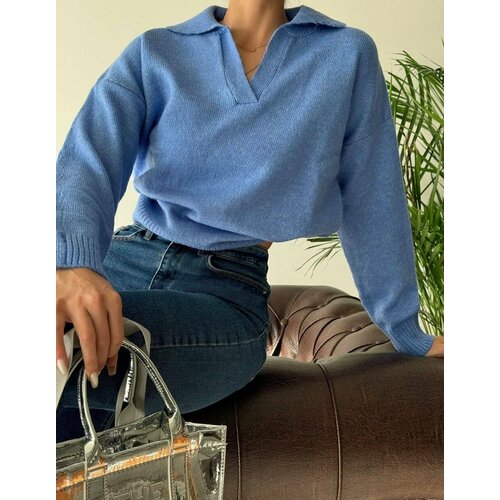 Пуловер размер 40/46, Темно-голубой женский трикотажный свитер с вышивкой повседневный свободный однотонный пуловер с v образным вырезом осень 2022