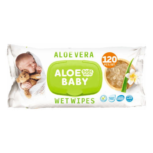 Салфетки влажные детские BablVini Aloe Baby (Бабл Вини Алоэ Беби) 120шт с клапаном плотность 40 г/м2 арт. BU-120 (ПластТрейд)