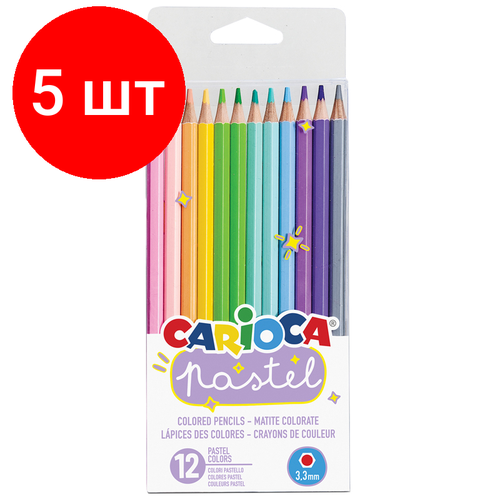 Комплект 5 шт, Карандаши цветные Carioca Pastel, 12цв, заточен, ПВХ, европодвес