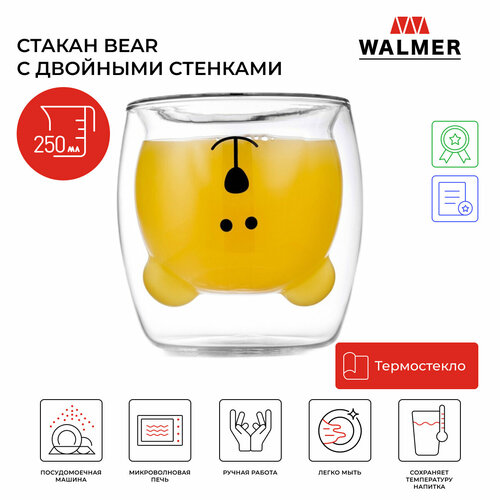 Стакан WALMER Bear, 250 мл, 1 шт., прозрачный