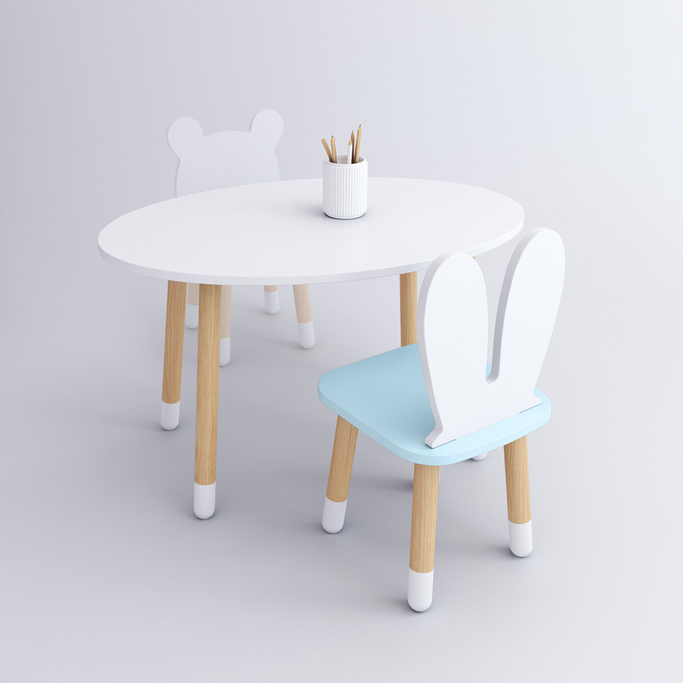 Комплект детской мебели DIMDOMkids, стол "Овал" белый + стул "Зайка" голубой