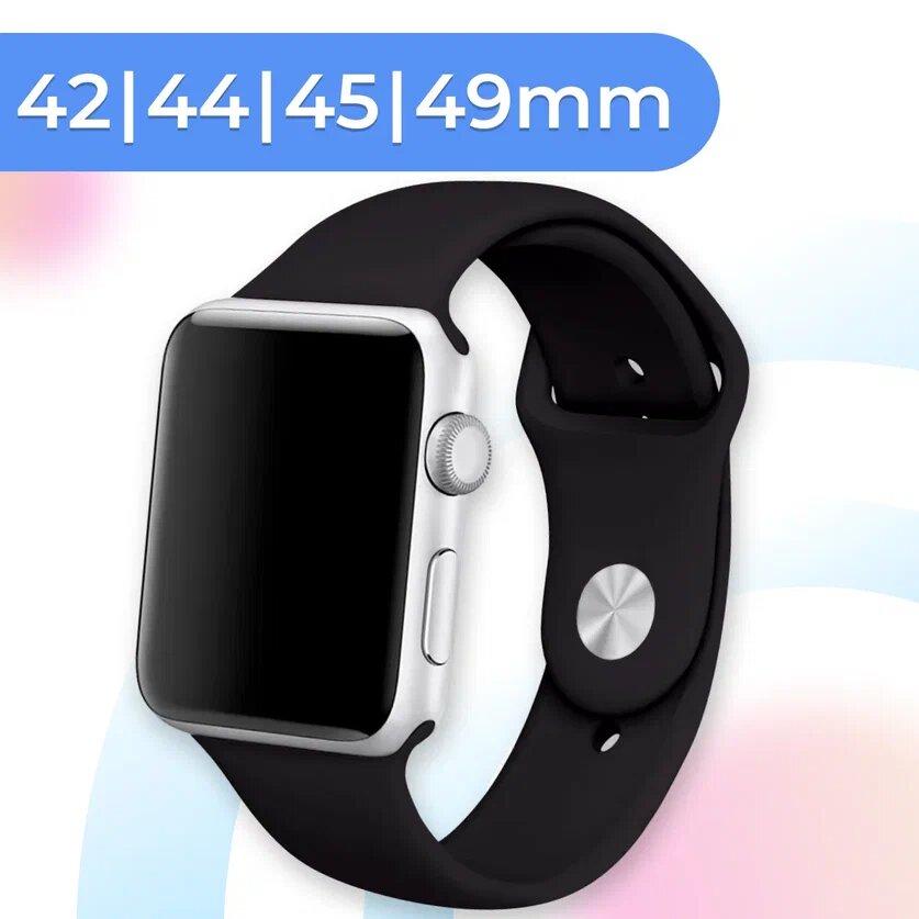 фото Силиконовый ремешок для умных часов Apple Watch 42-44-45-49 mm / Спортивный сменный браслет для смарт часов Эпл Вотч 1-8, SE серии / Black