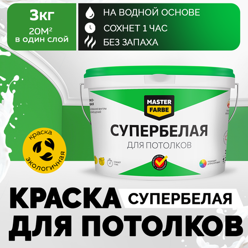 Краска супер белая полуматовая MASTERFARBE для потолков в сухих помещениях, быстросохнущая, 3 кг