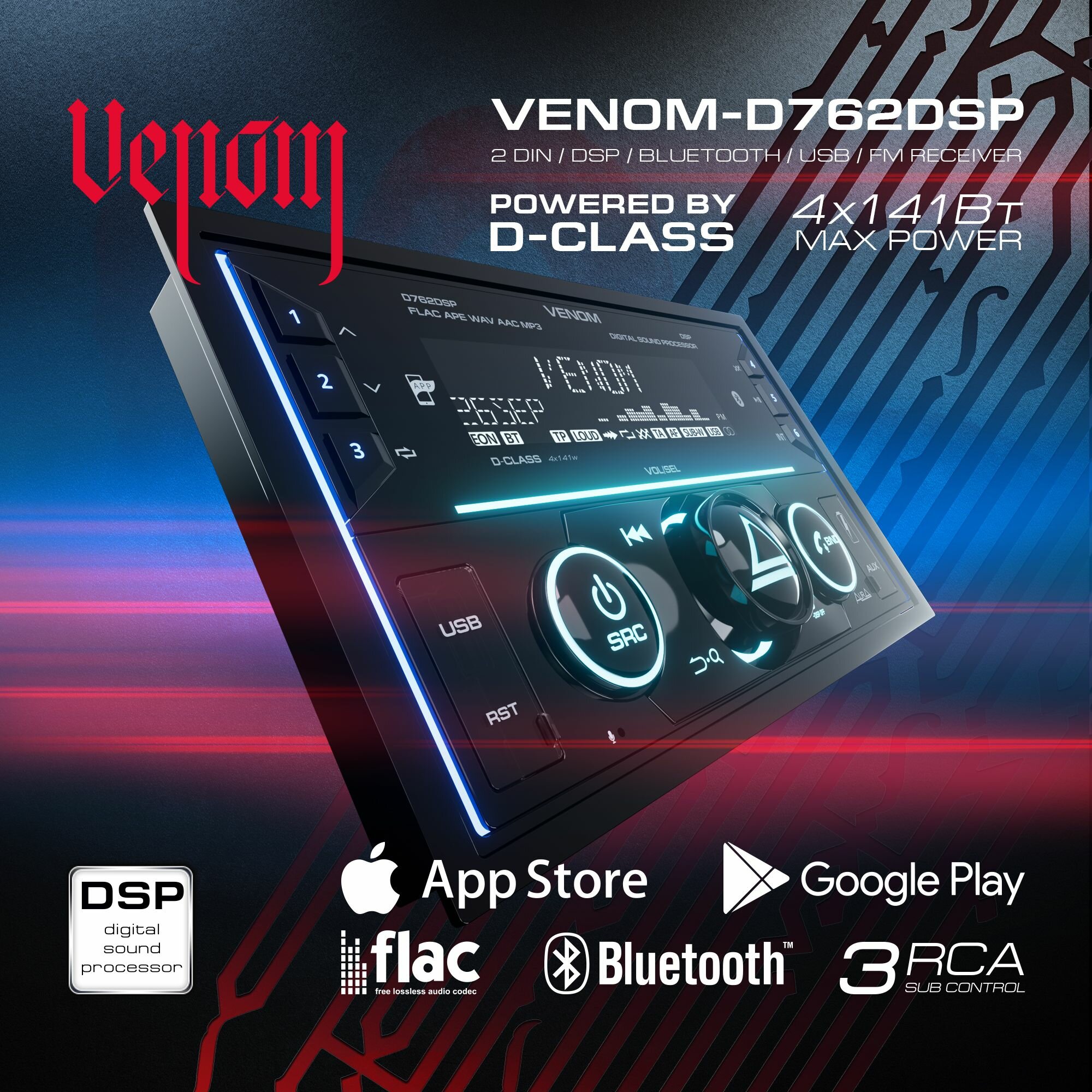 2 DIN автомобильный процессорный BT/USB/FM ресивер AurA VENOM-D762DSP