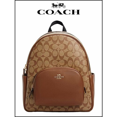 фото Рюкзак тоут coach, фактура зернистая, тиснение, хаки, коричневый