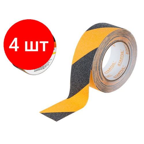 Комплект 4 штук, Лента противоскользящая клейкая 50ммх10м чернo-желтая STARTUL PROFI (ST9023-50-10)