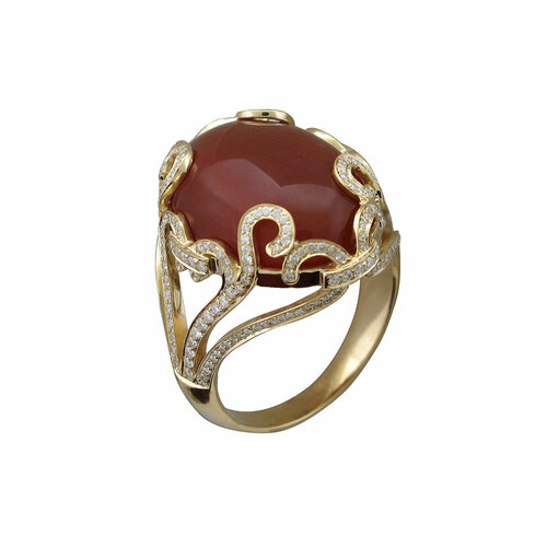 Кольцо Эстет, желтое золото, 750 проба, бриллиант, сердолик, размер 18.5
