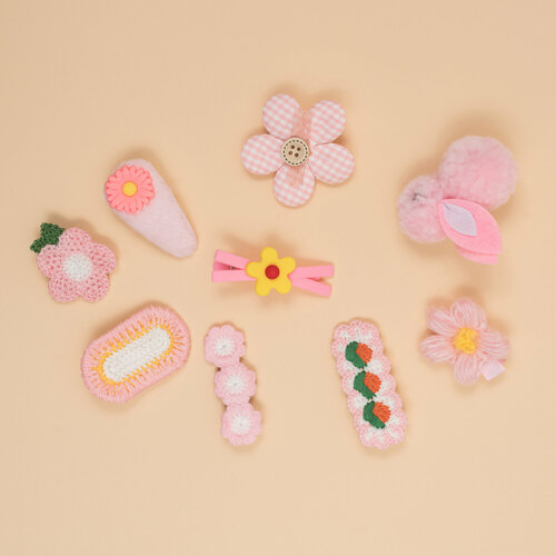 Набор детских заколок Croco Gifts, зажимы из ткани и искусственного меха, 9 шт, желтый, белый, розовый