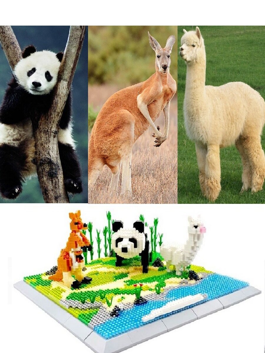 Конструктор 3D из миниблоков RTOY Любимые животные панда, кенгуру и лама 1950 элементов - JM6625