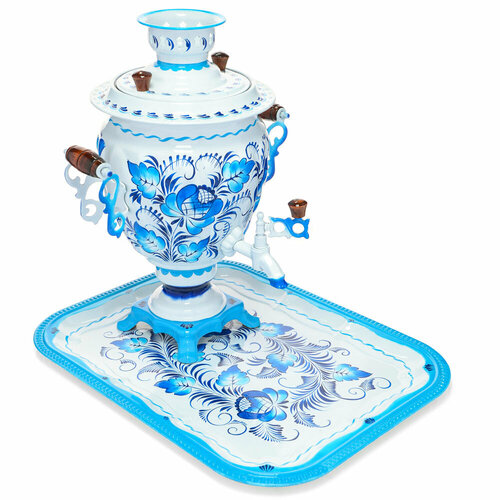 Самовар электрический с худ. росписью «Гжель голубая» 3 литра формы «Жёлудь» в наборе из 2 предметов