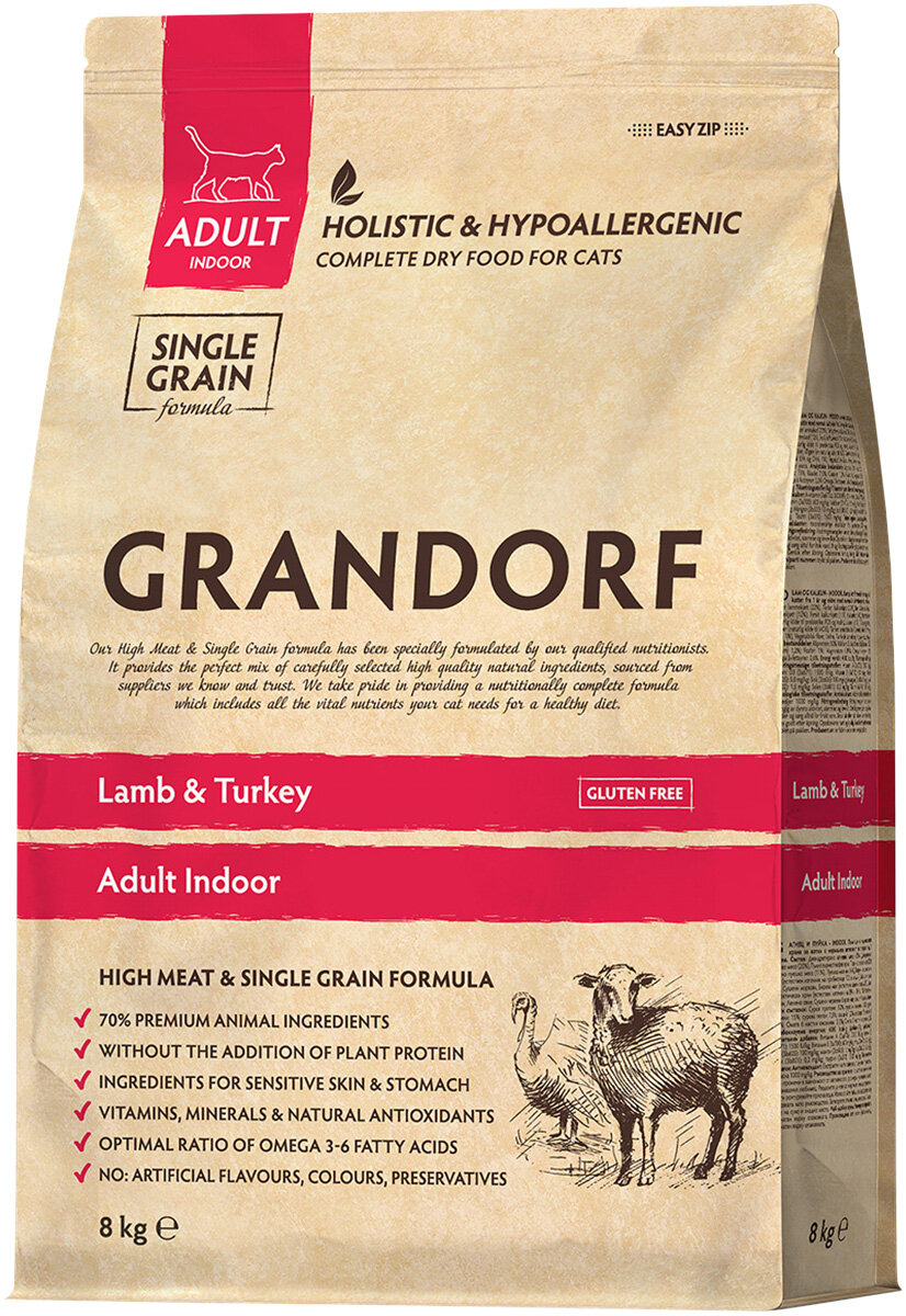 GRANDORF SINGLE GRAIN CAT AD INDOOR LAMB&TURKEY низкозерн для взр кошек живущих дома ягненок индейка 8 кг