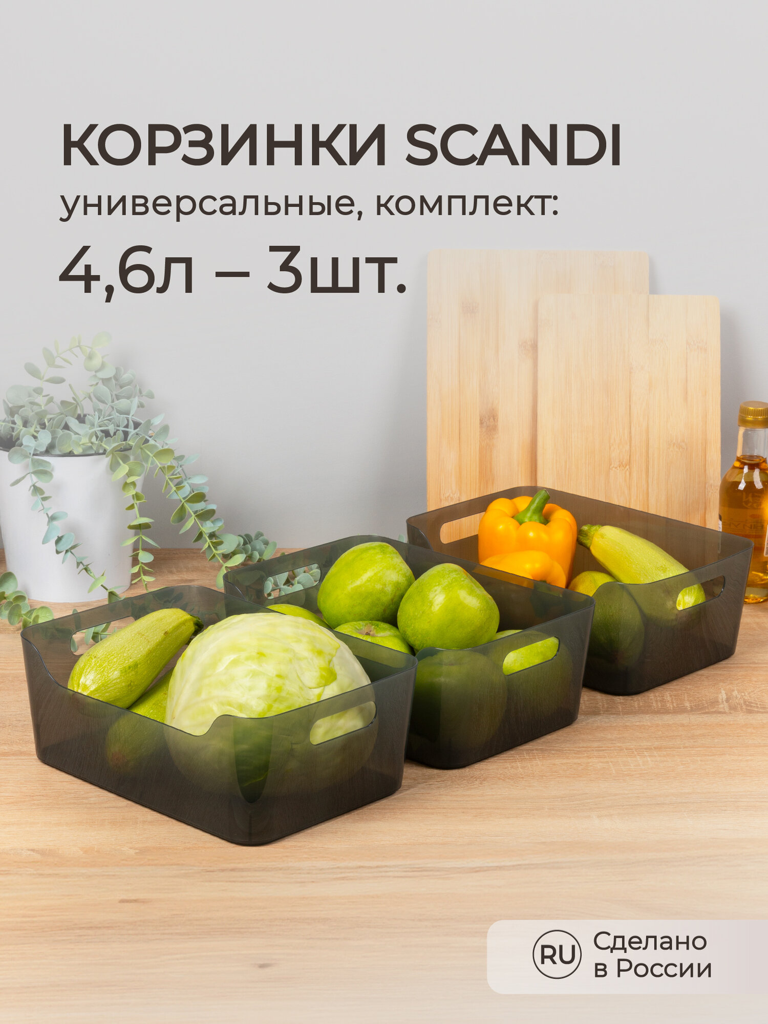 Набор корзинок универсальных Scandi, 27x19x10,5 см, 4,6л, 3 шт (Черный)