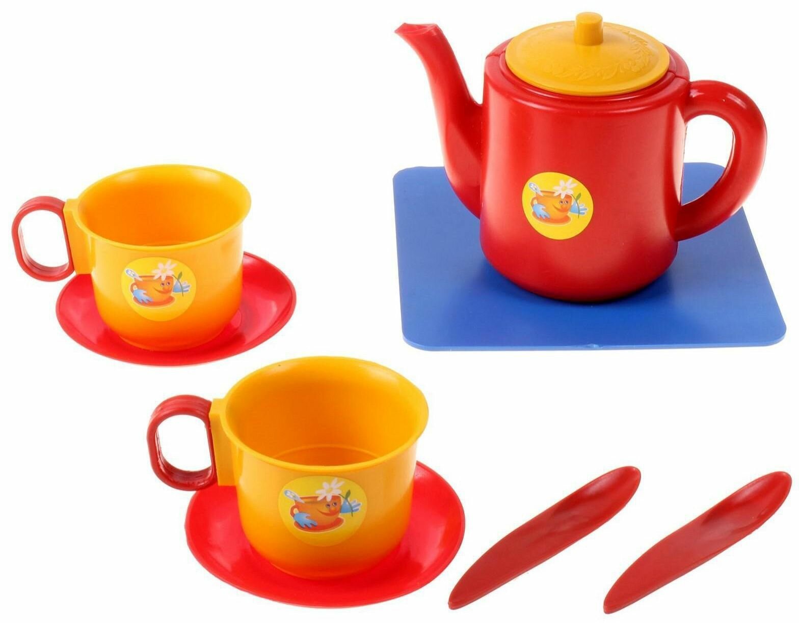 Детская игрушечная пластиковая посуда "Набор чашек с чайником", сюжетно-ролевой набор кухонной посудки для малышей, 8 элементов
