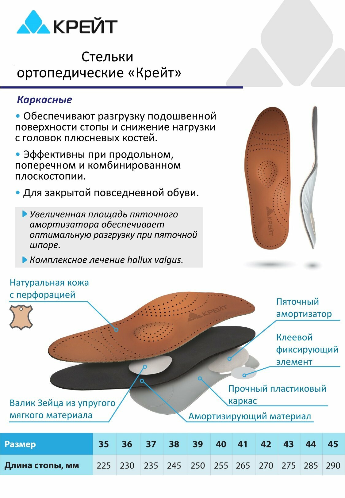 Стельки ортопедические кожаные, каркасные при пяточной шпоре и плоскостопии, Крейт, №39