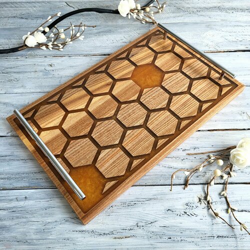 Поднос деревянный с ручками Соты