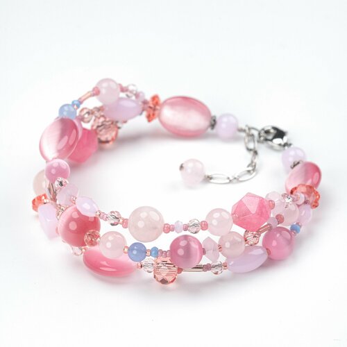 Браслет Diana Savitskaya, кварц розовый, кошачий глаз, кварц, розовый