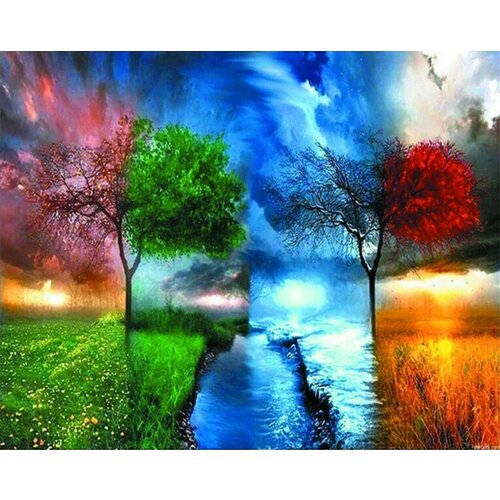 Алмазная мозаика 40х50 Деревья в разные времена года на подрамнике без подрамника (картина стразами)